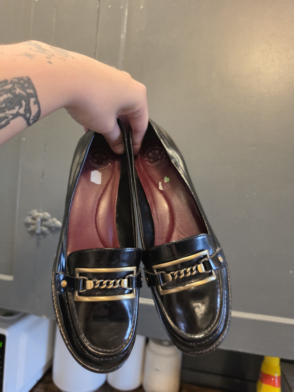 Johnston & Murphy Black Loafers with Gold Chain Accent